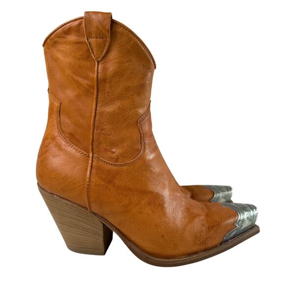 Free People Brayden Western Boots Women's EU 38.5 Tan Leather Metal Snip Toe - Picture 1 of 13